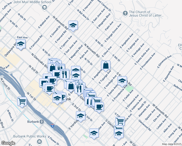 map of restaurants, bars, coffee shops, grocery stores, and more near 111 South 6th Street in Burbank