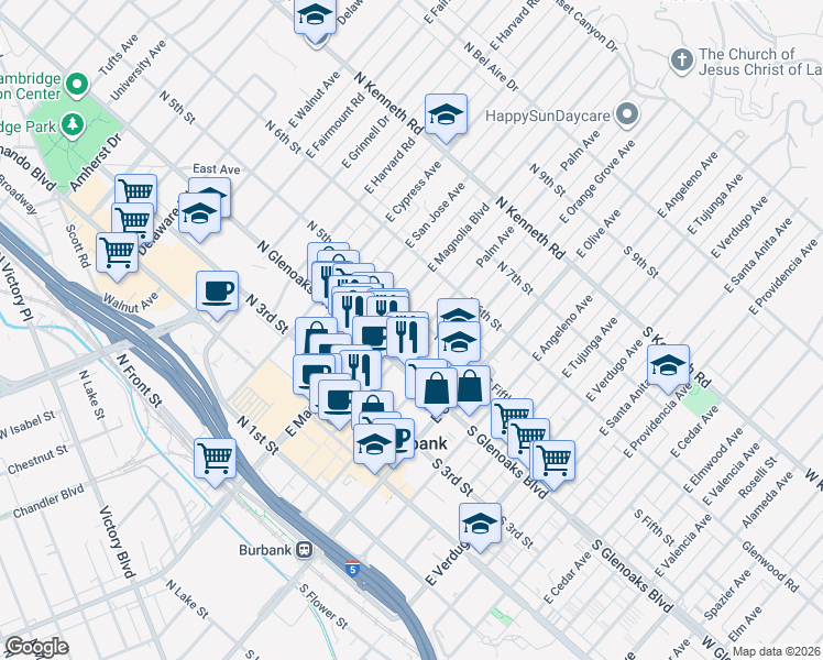 map of restaurants, bars, coffee shops, grocery stores, and more near 417 Palm Avenue in Burbank