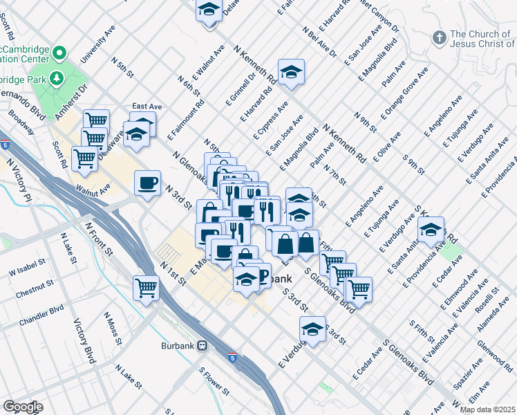 map of restaurants, bars, coffee shops, grocery stores, and more near 417 Palm Avenue in Burbank