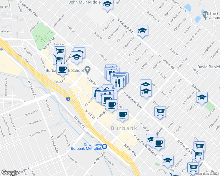 map of restaurants, bars, coffee shops, grocery stores, and more near 300 East San Jose Avenue in Burbank