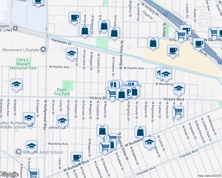 map of restaurants, bars, coffee shops, grocery stores, and more near 2601 West Victory Boulevard in Burbank