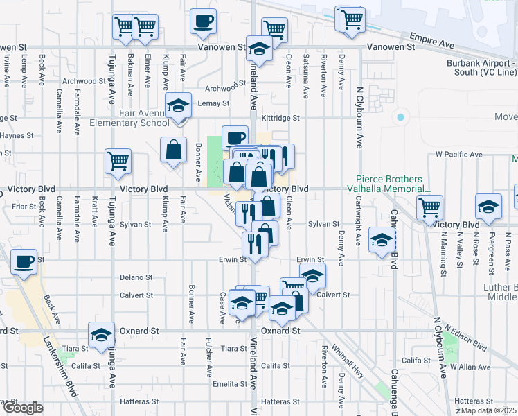 map of restaurants, bars, coffee shops, grocery stores, and more near 6301 Craner Avenue in Los Angeles
