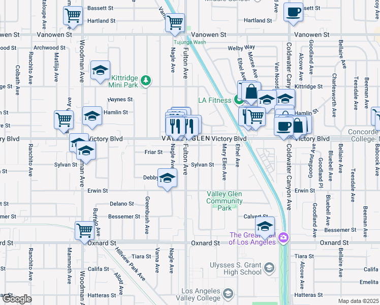 map of restaurants, bars, coffee shops, grocery stores, and more near 6303 Longridge Avenue in Los Angeles