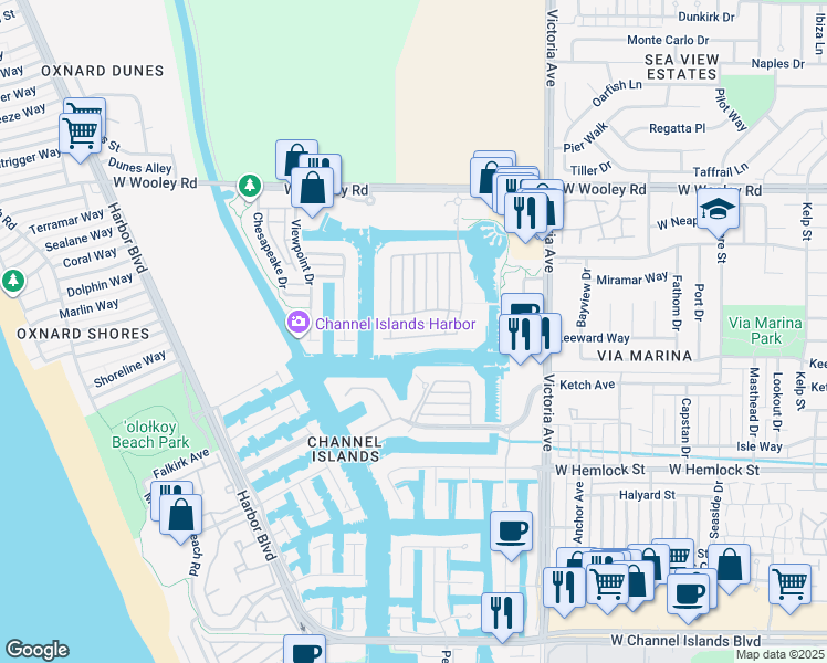 map of restaurants, bars, coffee shops, grocery stores, and more near 4114 Caribbean Street in Oxnard