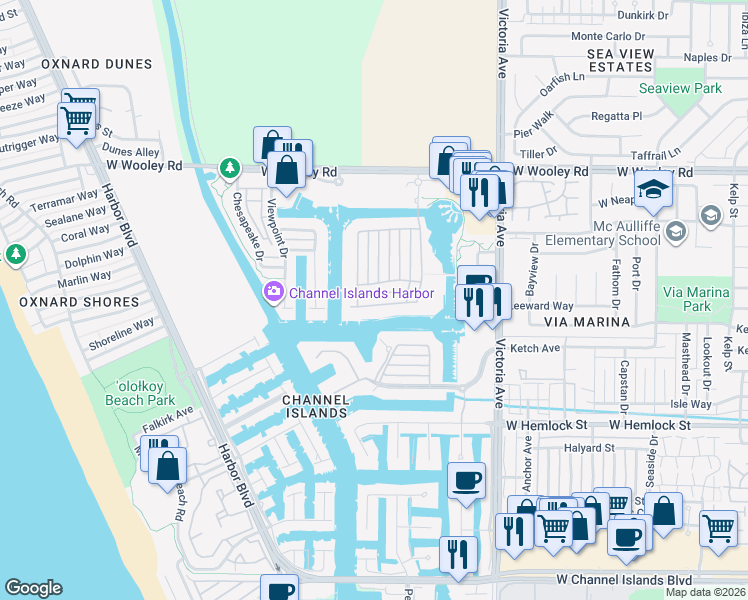 map of restaurants, bars, coffee shops, grocery stores, and more near 4114 Caribbean Street in Oxnard