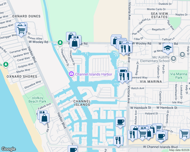 map of restaurants, bars, coffee shops, grocery stores, and more near 4194 Caribbean Street in Oxnard