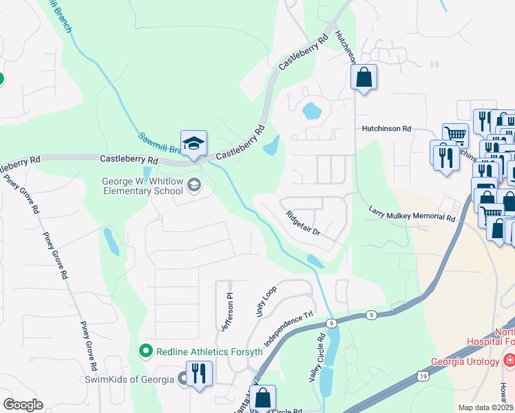 map of restaurants, bars, coffee shops, grocery stores, and more near 3260 Ridgefair Drive in Cumming