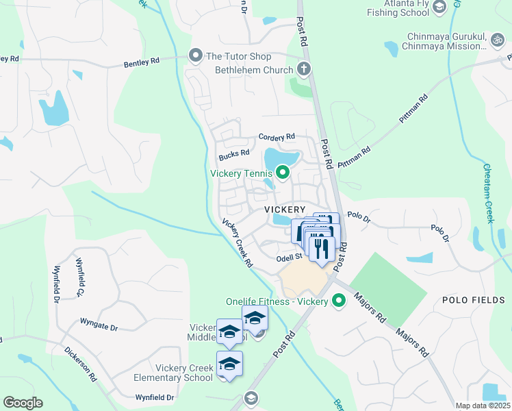 map of restaurants, bars, coffee shops, grocery stores, and more near 6515 Wesley Hughes Road in Cumming