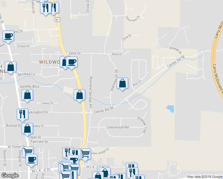 map of restaurants, bars, coffee shops, grocery stores, and more near 73 Wansley Drive Southeast in Cartersville