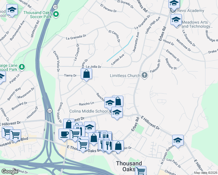 map of restaurants, bars, coffee shops, grocery stores, and more near 1631 Hauser Circle in Thousand Oaks