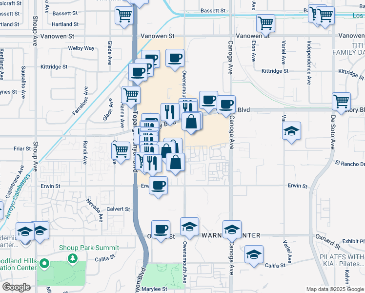 map of restaurants, bars, coffee shops, grocery stores, and more near 6303 Owensmouth Avenue in Los Angeles