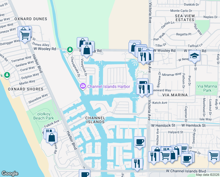 map of restaurants, bars, coffee shops, grocery stores, and more near 4194 Caribbean Street in Oxnard