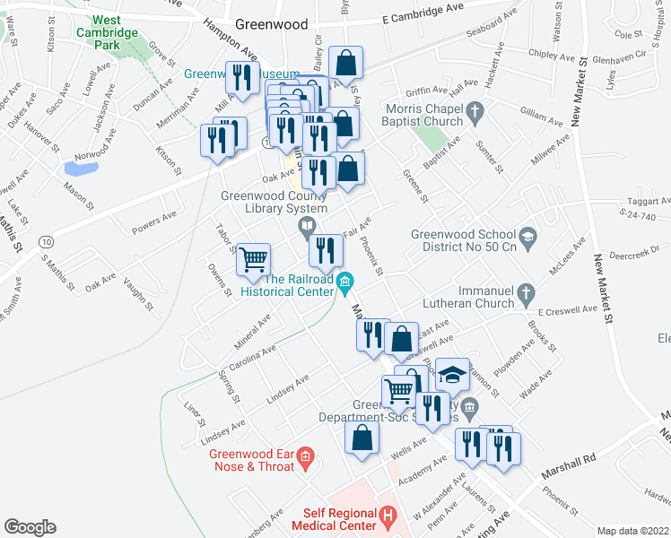 map of restaurants, bars, coffee shops, grocery stores, and more near 857 Main Street South in Greenwood