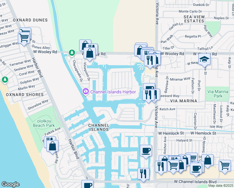 map of restaurants, bars, coffee shops, grocery stores, and more near 4114 Caribbean Street in Oxnard