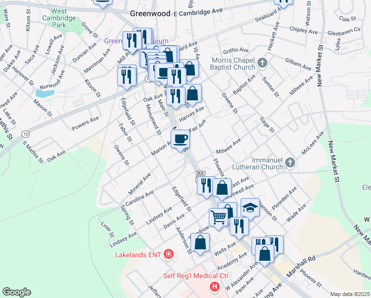 map of restaurants, bars, coffee shops, grocery stores, and more near 857 Main Street South in Greenwood