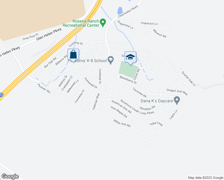 map of restaurants, bars, coffee shops, grocery stores, and more near Evening Primrose Lane in San Bernardino