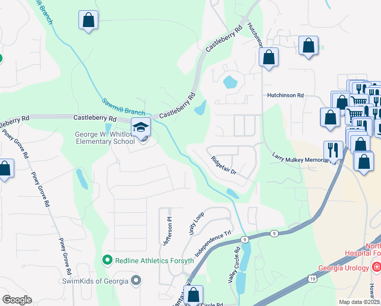 map of restaurants, bars, coffee shops, grocery stores, and more near 3260 Ridgefair Drive in Cumming