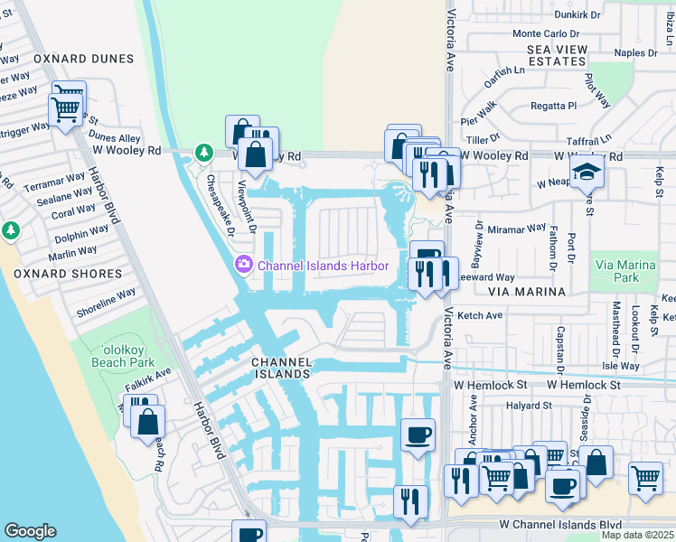map of restaurants, bars, coffee shops, grocery stores, and more near 4114 Caribbean Street in Oxnard