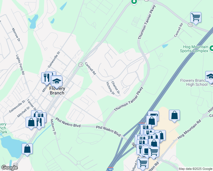 map of restaurants, bars, coffee shops, grocery stores, and more near 4712 Victoria Drive in Flowery Branch
