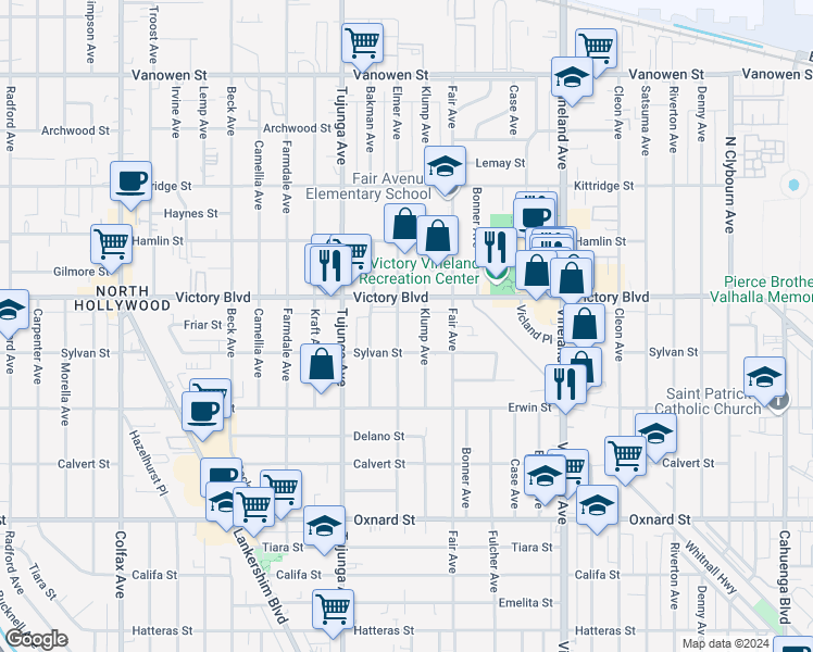 map of restaurants, bars, coffee shops, grocery stores, and more near 11161 Laughlin Lane in Los Angeles