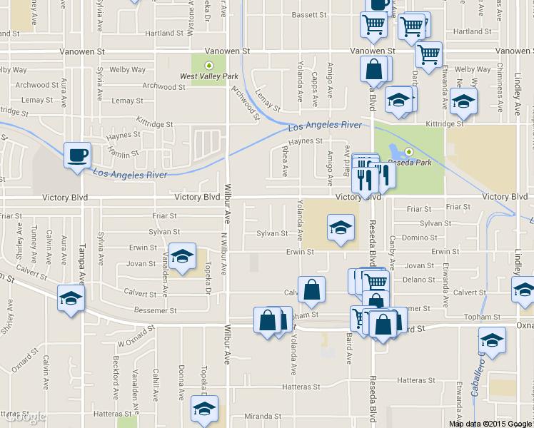 map of restaurants, bars, coffee shops, grocery stores, and more near 6331 Geyser Avenue in Los Angeles