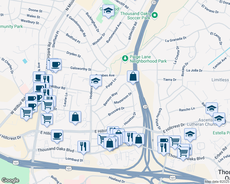 map of restaurants, bars, coffee shops, grocery stores, and more near 731 Benson Way in Thousand Oaks