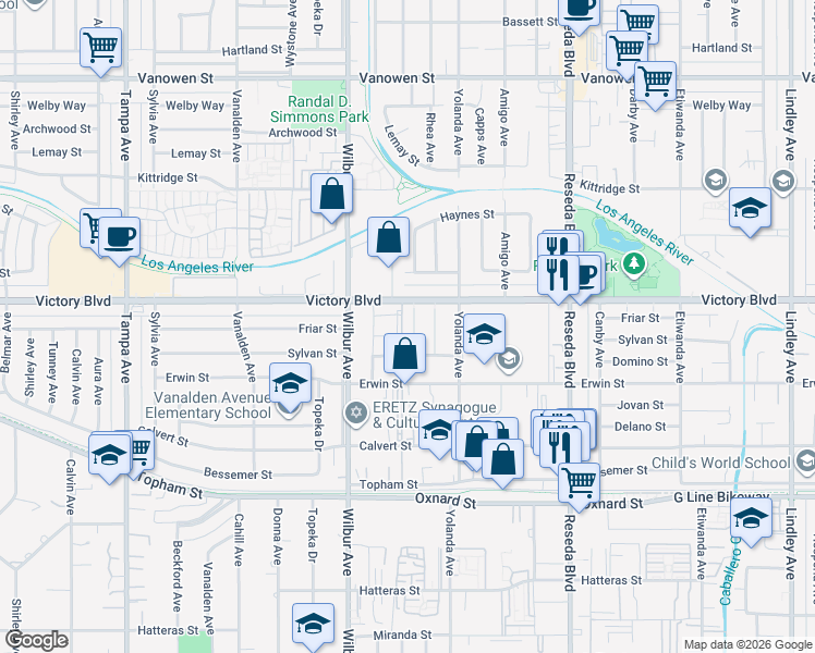 map of restaurants, bars, coffee shops, grocery stores, and more near 6331 Geyser Avenue in Los Angeles