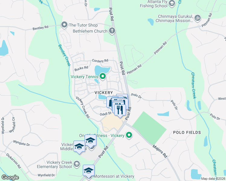 map of restaurants, bars, coffee shops, grocery stores, and more near 6525 Meeting House Road in Cumming