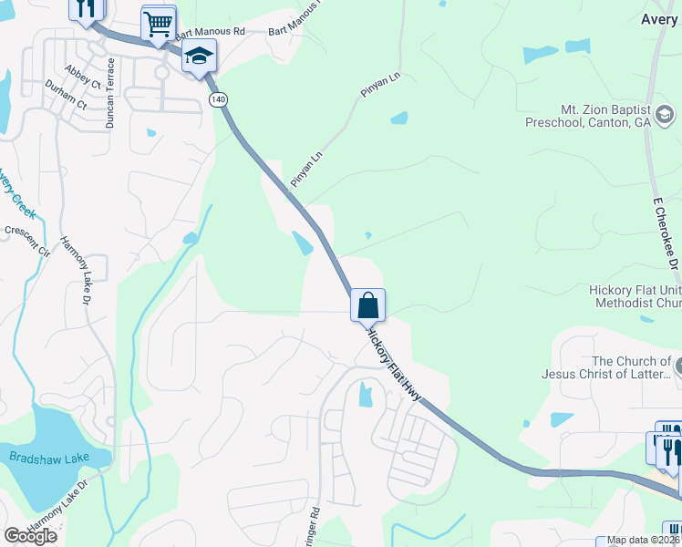 map of restaurants, bars, coffee shops, grocery stores, and more near 4921 Hickory Flat Highway in Canton