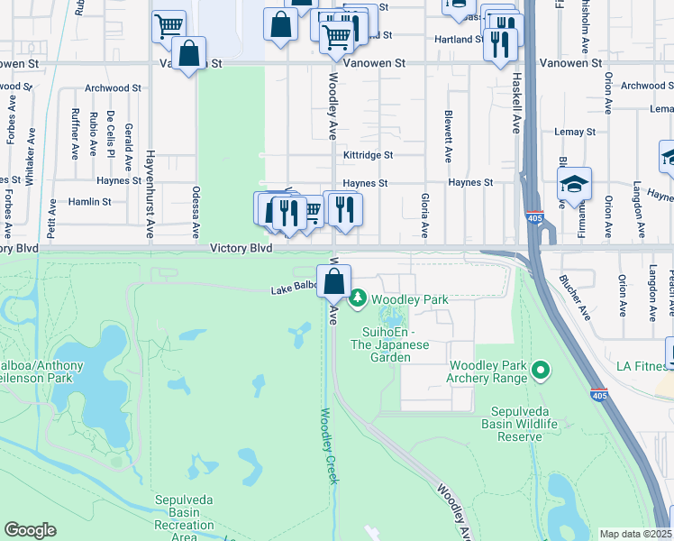 map of restaurants, bars, coffee shops, grocery stores, and more near 6300 Woodley Avenue in Los Angeles