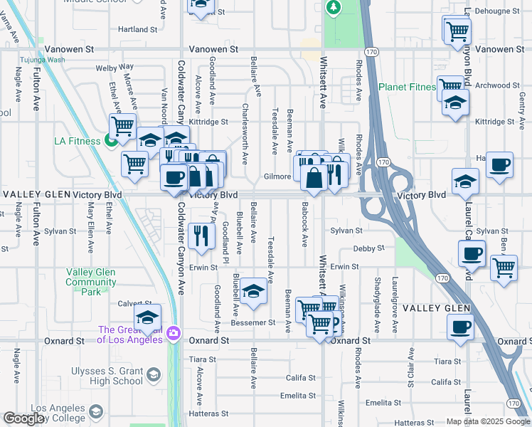 map of restaurants, bars, coffee shops, grocery stores, and more near 6331 Teesdale Avenue in Los Angeles