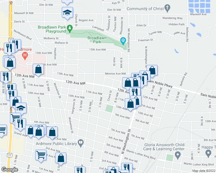 map of restaurants, bars, coffee shops, grocery stores, and more near 235 12th Avenue Northwest in Ardmore
