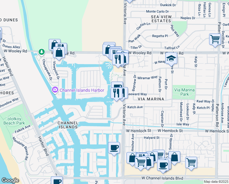 map of restaurants, bars, coffee shops, grocery stores, and more near 1523 Windshore Way in Oxnard