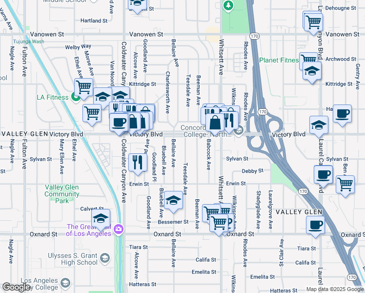 map of restaurants, bars, coffee shops, grocery stores, and more near 6331 Teesdale Avenue in Los Angeles
