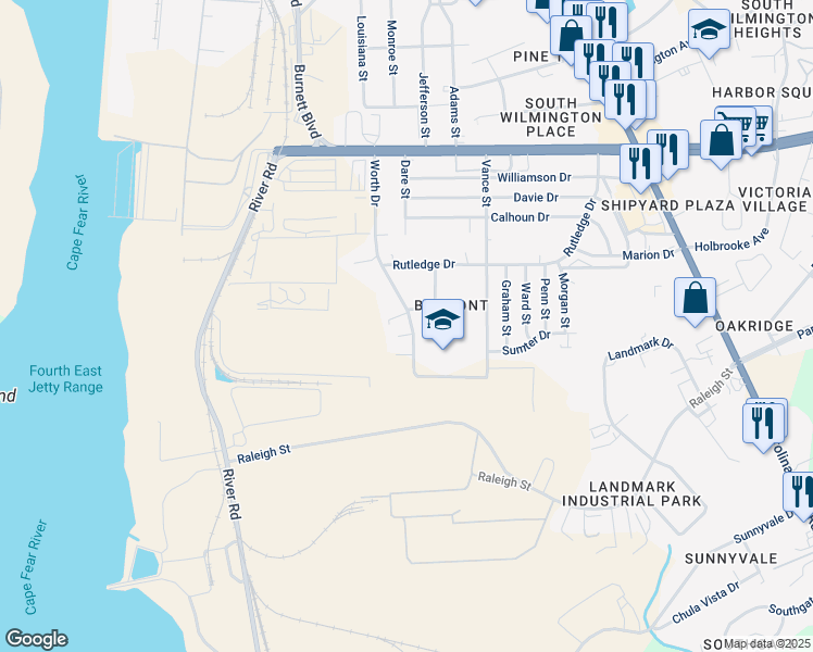 map of restaurants, bars, coffee shops, grocery stores, and more near 2866 Worth Drive in Wilmington