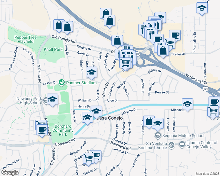 map of restaurants, bars, coffee shops, grocery stores, and more near 571 Dorena Drive in Casa Conejo