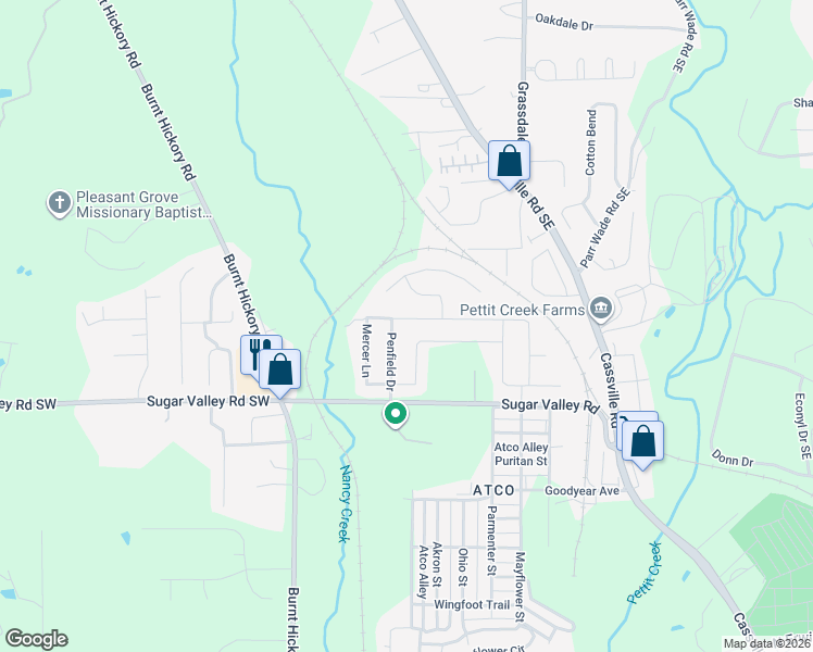 map of restaurants, bars, coffee shops, grocery stores, and more near 74 Mercer Lane in Cartersville