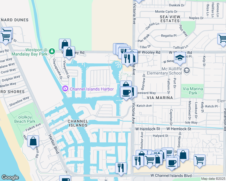 map of restaurants, bars, coffee shops, grocery stores, and more near 1526 Seabridge Lane in Oxnard