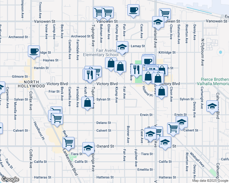map of restaurants, bars, coffee shops, grocery stores, and more near 6329 Klump Avenue in Los Angeles