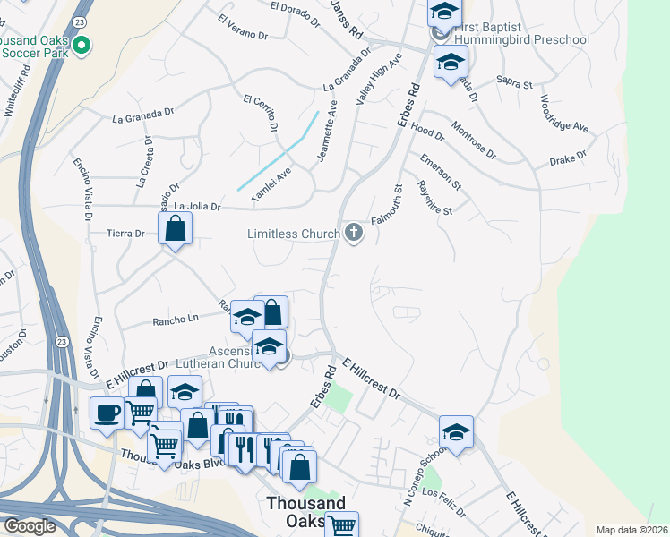 map of restaurants, bars, coffee shops, grocery stores, and more near 676 Erbes Road in Thousand Oaks
