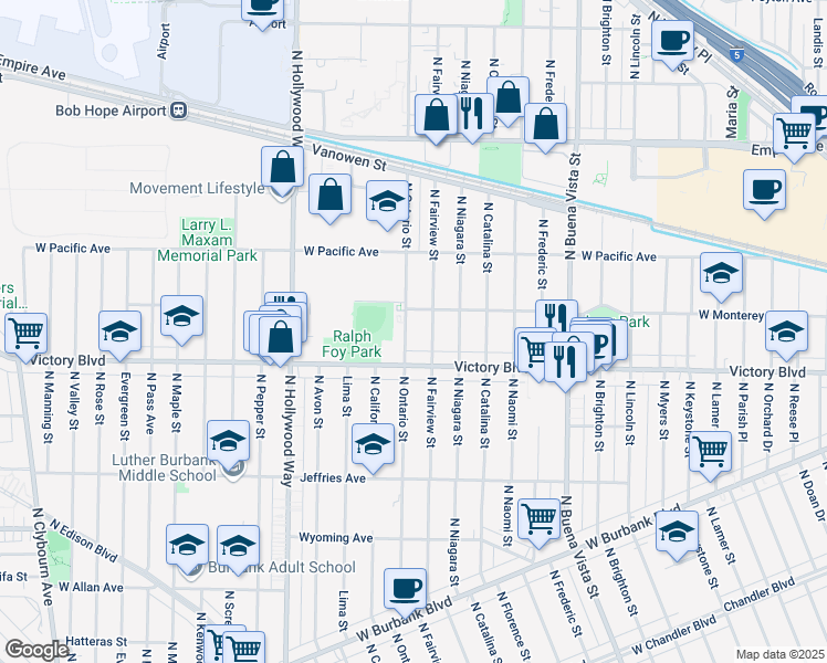 map of restaurants, bars, coffee shops, grocery stores, and more near 1801 North Fairview Street in Burbank