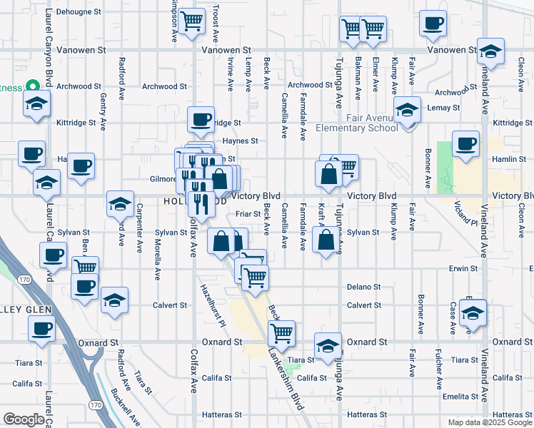 map of restaurants, bars, coffee shops, grocery stores, and more near Beck Avenue in Los Angeles