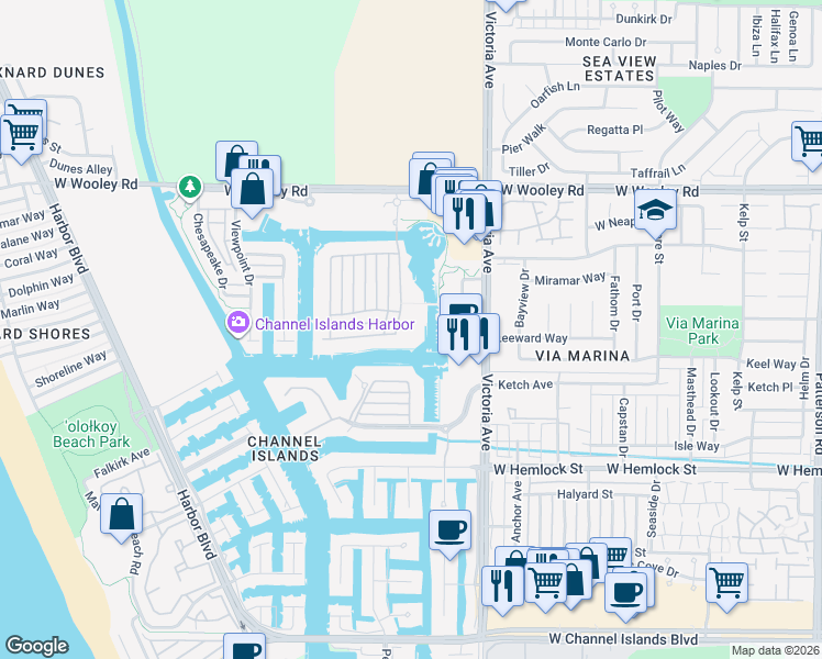 map of restaurants, bars, coffee shops, grocery stores, and more near 1544 Seabridge Lane in Oxnard