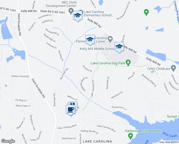 map of restaurants, bars, coffee shops, grocery stores, and more near 105 Austree Drive in Columbia