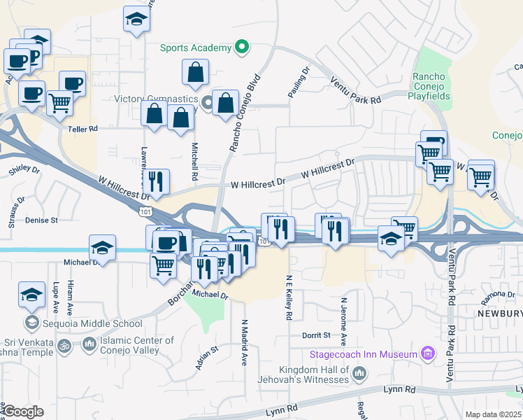 map of restaurants, bars, coffee shops, grocery stores, and more near 2088 West Hillcrest Drive in Thousand Oaks