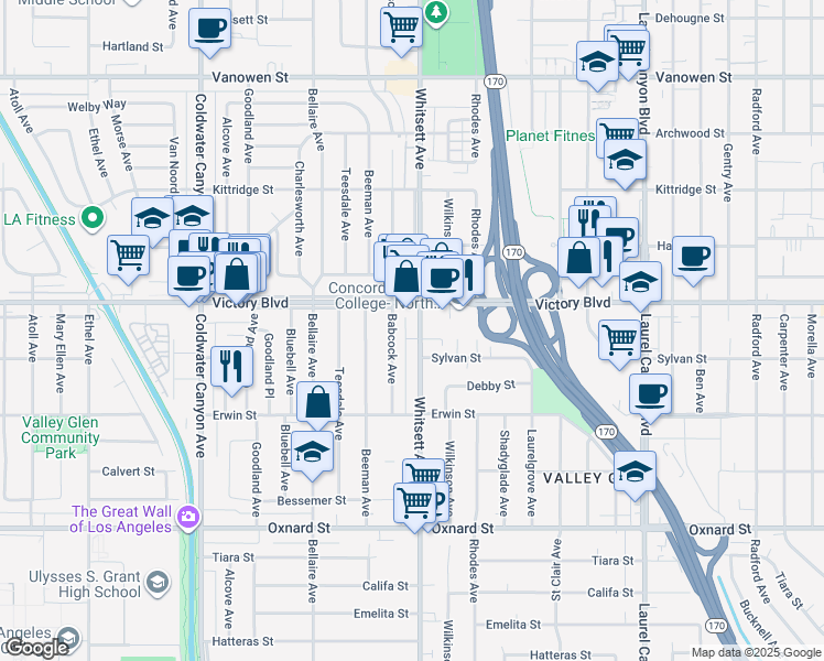 map of restaurants, bars, coffee shops, grocery stores, and more near 12512 Victory Boulevard in Los Angeles