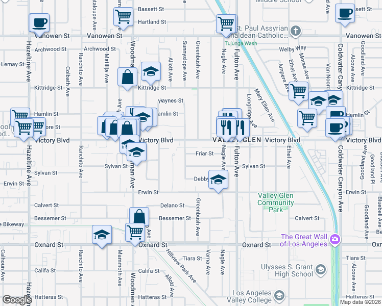 map of restaurants, bars, coffee shops, grocery stores, and more near 13464 Victory Boulevard in Los Angeles