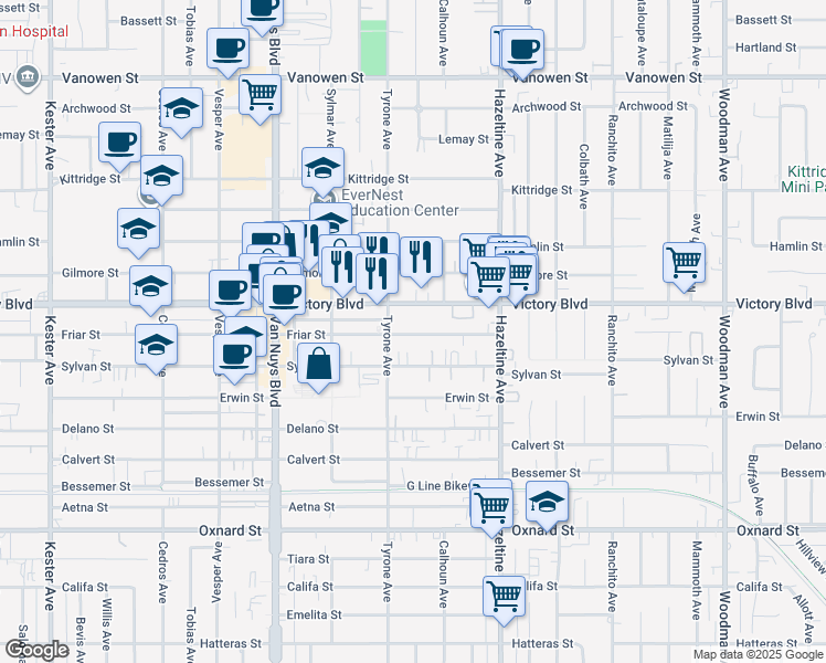map of restaurants, bars, coffee shops, grocery stores, and more near 14218 Victory Boulevard in Los Angeles