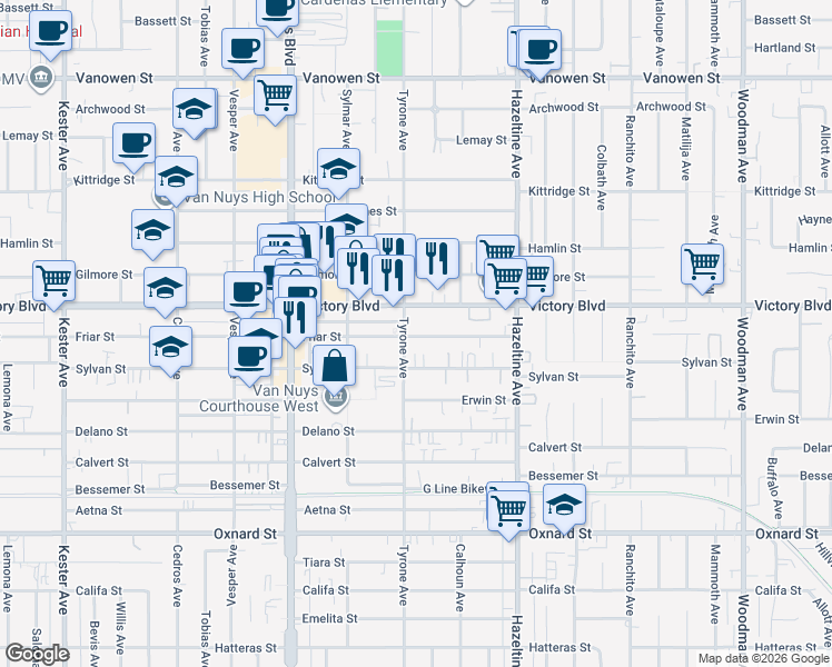 map of restaurants, bars, coffee shops, grocery stores, and more near in Los Angeles