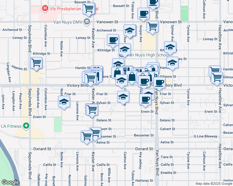 map of restaurants, bars, coffee shops, grocery stores, and more near 14752 Victory Boulevard in Los Angeles